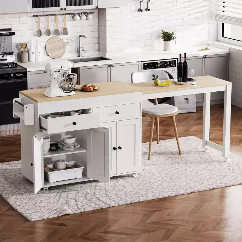 Okak Kitchen Island with Extendable Table, Rolling Kitchen Island with Spice Rack, 2 Drawers and 4 Doors, Kitchen Cart for Dining Room
