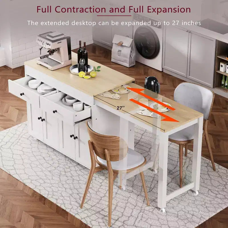 Okak Kitchen Island with Extendable Table, Rolling Kitchen Island with Spice Rack, 2 Drawers and 4 Doors, Kitchen Cart for Dining Room