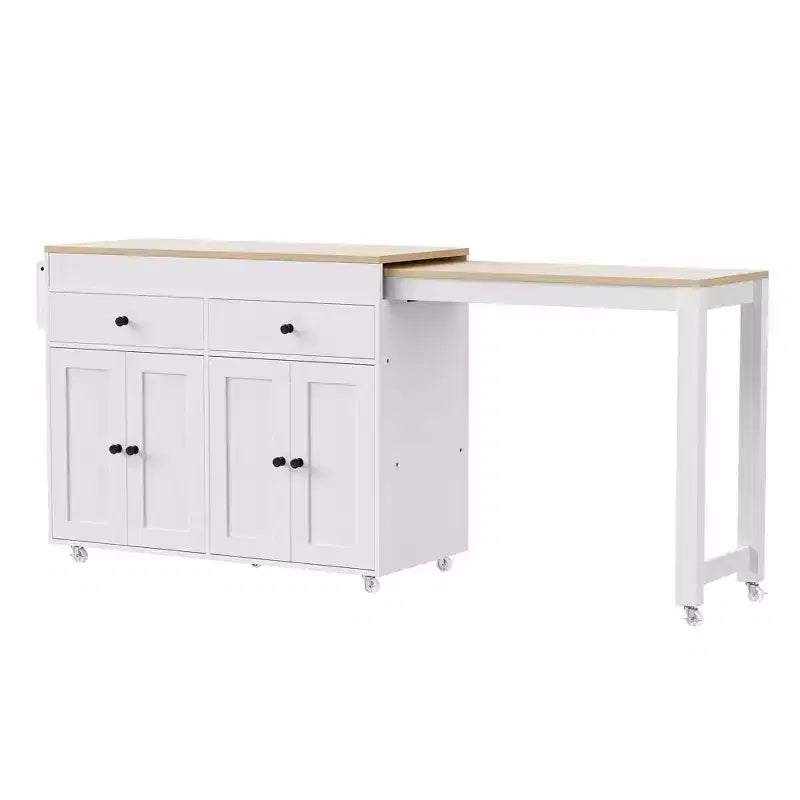 Okak Kitchen Island with Extendable Table, Rolling Kitchen Island with Spice Rack, 2 Drawers and 4 Doors, Kitchen Cart for Dining Room