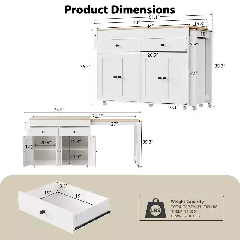 Okak Kitchen Island with Extendable Table, Rolling Kitchen Island with Spice Rack, 2 Drawers and 4 Doors, Kitchen Cart for Dining Room