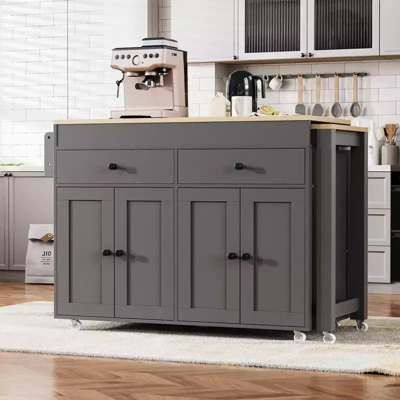 Okak Kitchen Island with Extendable Table, Rolling Kitchen Island with Spice Rack, 2 Drawers and 4 Doors, Kitchen Cart for Dining Room