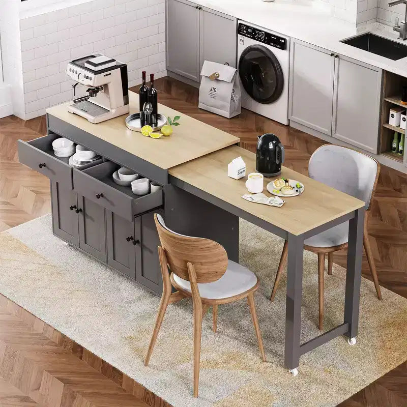 Okak Kitchen Island with Extendable Table, Rolling Kitchen Island with Spice Rack, 2 Drawers and 4 Doors, Kitchen Cart for Dining Room