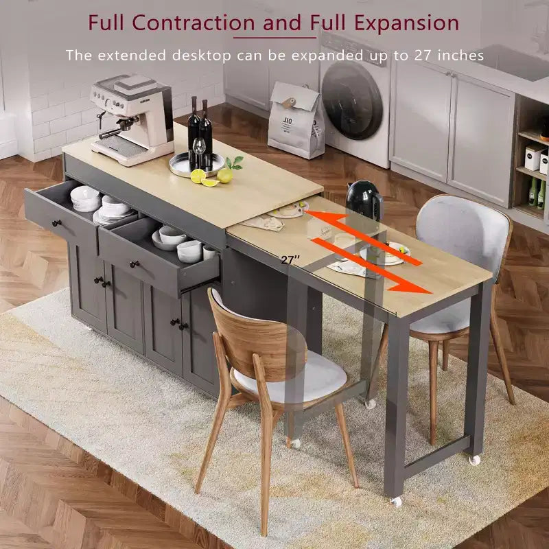 Okak Kitchen Island with Extendable Table, Rolling Kitchen Island with Spice Rack, 2 Drawers and 4 Doors, Kitchen Cart for Dining Room