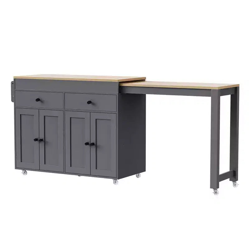Okak Kitchen Island with Extendable Table, Rolling Kitchen Island with Spice Rack, 2 Drawers and 4 Doors, Kitchen Cart for Dining Room