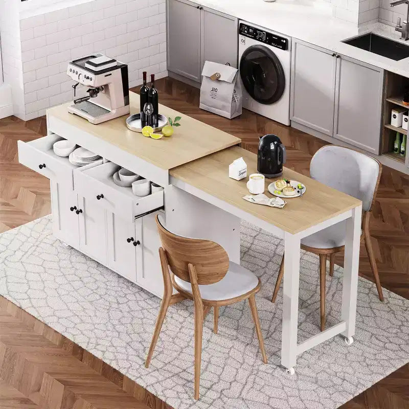 Okak Kitchen Island with Extendable Table, Rolling Kitchen Island with Spice Rack, 2 Drawers and 4 Doors, Kitchen Cart for Dining Room