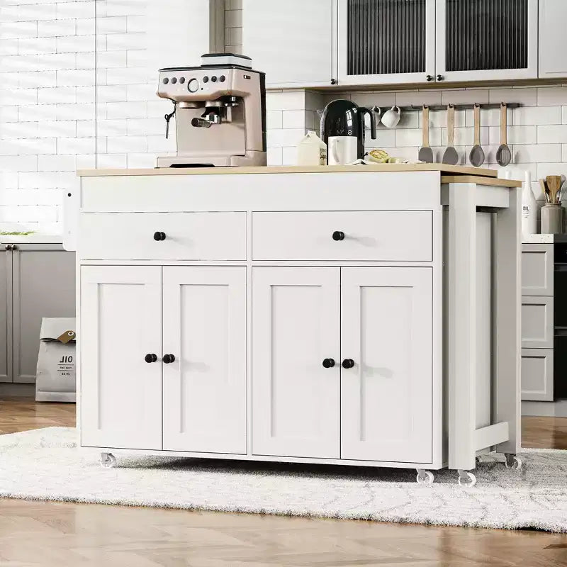 Okak Kitchen Island with Extendable Table, Rolling Kitchen Island with Spice Rack, 2 Drawers and 4 Doors, Kitchen Cart for Dining Room