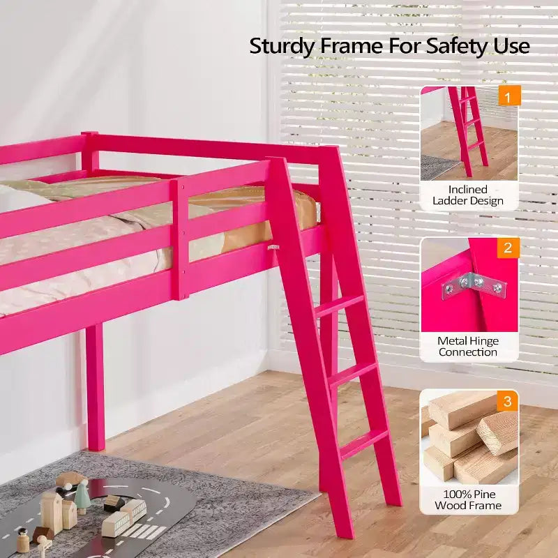VINGLI 47'' Tall Junior Low Loft Bed with Stairs, Solid Wood Bed Frame Twin Size Princess, Pink