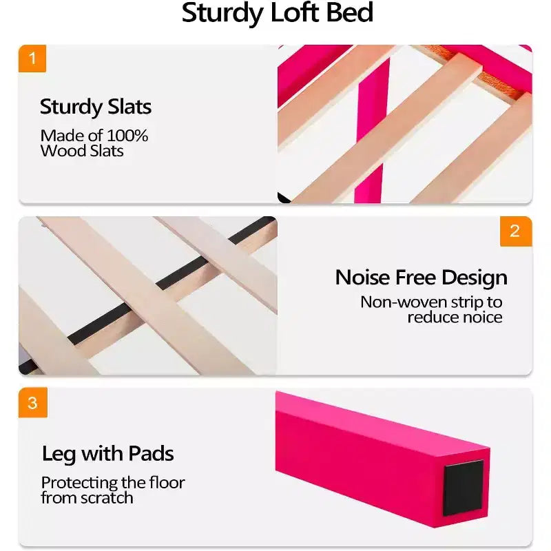 VINGLI 47'' Tall Junior Low Loft Bed with Stairs, Solid Wood Bed Frame Twin Size Princess, Pink