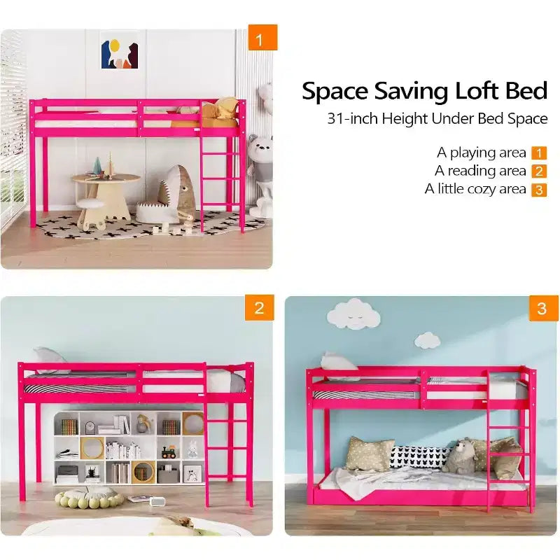 VINGLI 47'' Tall Junior Low Loft Bed with Stairs, Solid Wood Bed Frame Twin Size Princess, Pink