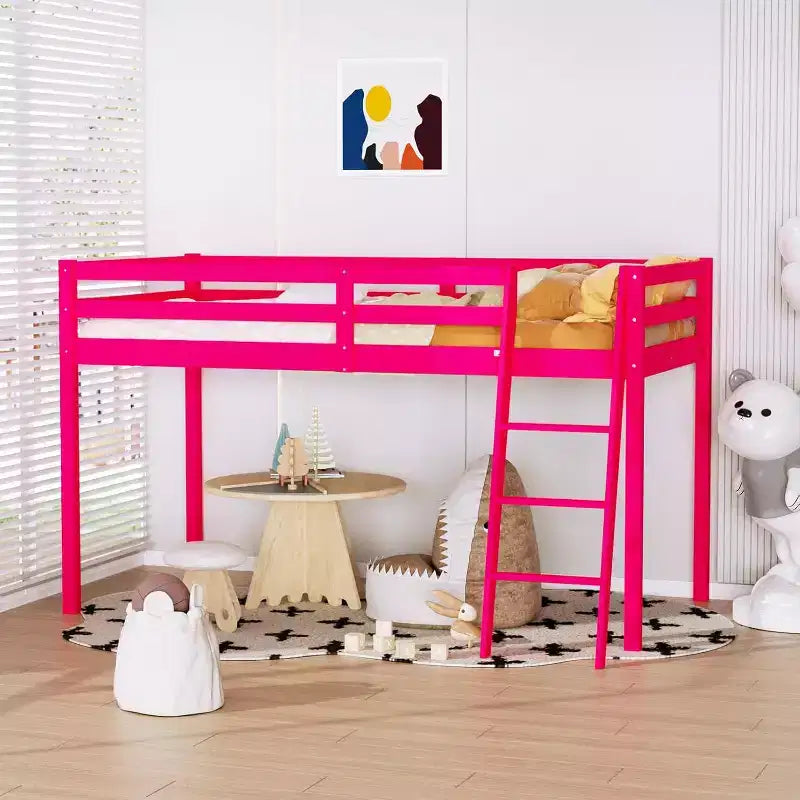 VINGLI 47'' Tall Junior Low Loft Bed with Stairs, Solid Wood Bed Frame Twin Size Princess, Pink