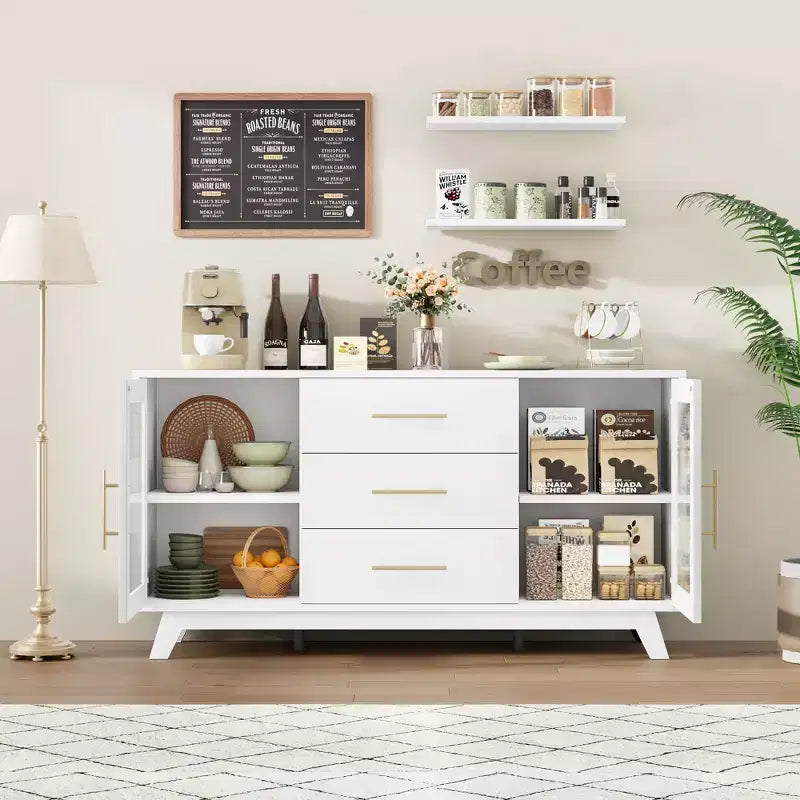 Buffet Cabinet, Kitchen Storage Cabinet with 2 Fluted Doors and 3 Drawers,Modern Coffee Bar Cabinet with Adjustable Shelf for Living,Dining Room