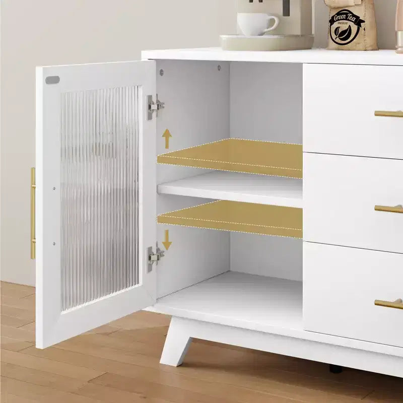 Buffet Cabinet, Kitchen Storage Cabinet with 2 Fluted Doors and 3 Drawers,Modern Coffee Bar Cabinet with Adjustable Shelf for Living,Dining Room
