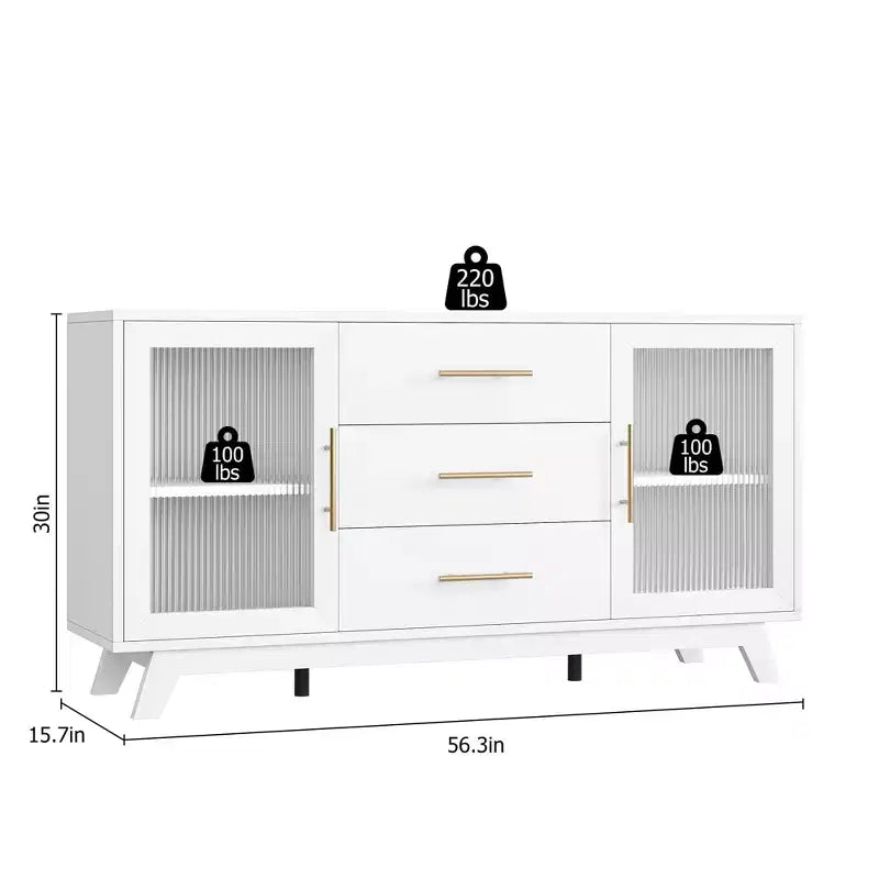 Buffet Cabinet, Kitchen Storage Cabinet with 2 Fluted Doors and 3 Drawers,Modern Coffee Bar Cabinet with Adjustable Shelf for Living,Dining Room