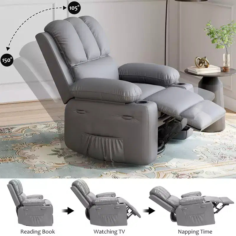 COZONY Recliner Chair with 360 Swivel Rocker, PU Leather Lazy Chair with Cup Holders for Living Room