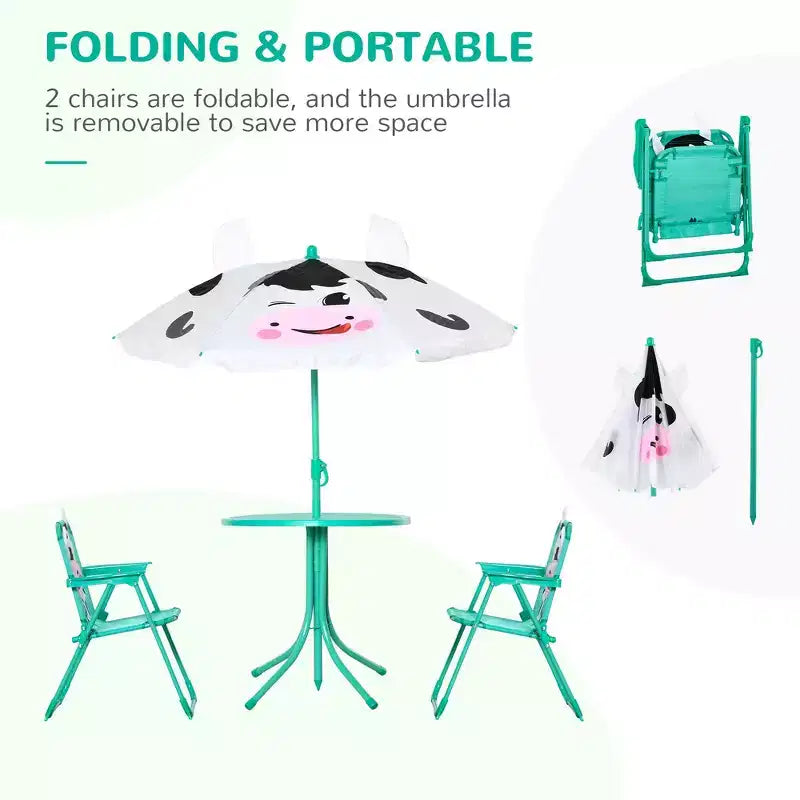 Whisen Kids Table and Chair Set with Dairy Cow Pattern, Removable & Height Adjustable Sun Umbrella, Gift for Kids - White