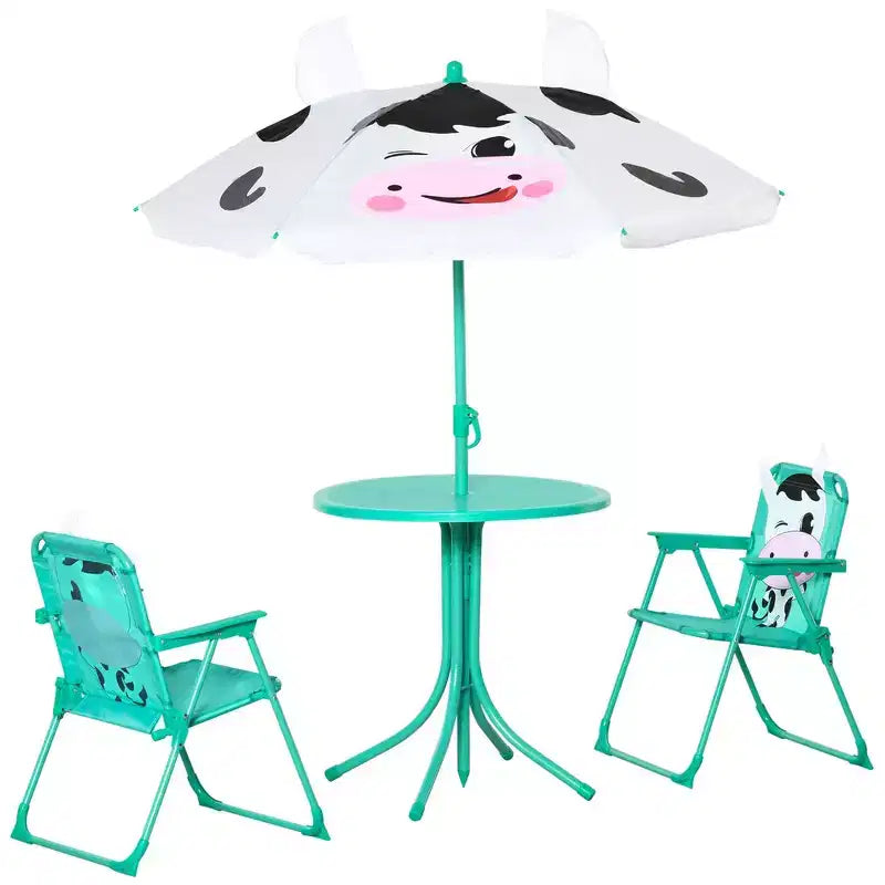 Whisen Kids Table and Chair Set with Dairy Cow Pattern, Removable & Height Adjustable Sun Umbrella, Gift for Kids - White