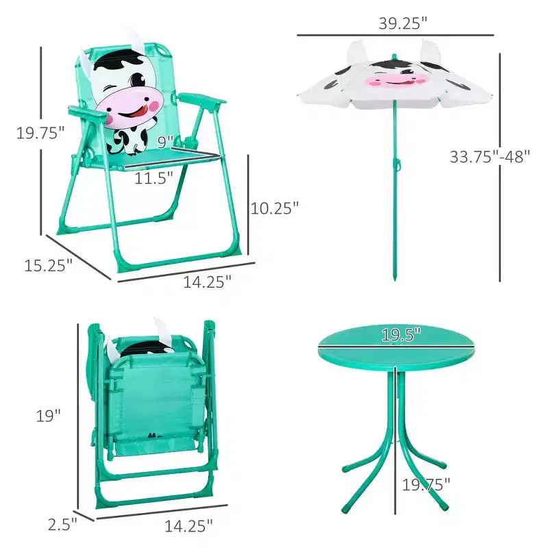 Whisen Kids Table and Chair Set with Dairy Cow Pattern, Removable & Height Adjustable Sun Umbrella, Gift for Kids - White