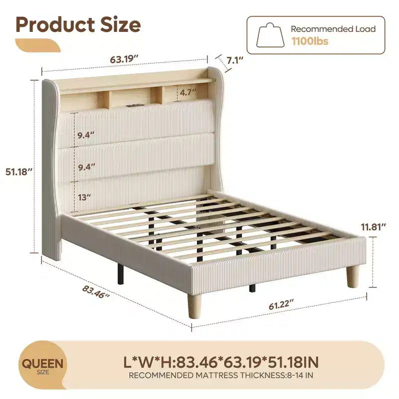 Bestier Queen/King Bed Frame with Tall Headboard Storage, Corduroy Upholstered Queen Size Platform Bed with LED & Charging Station, Off-White