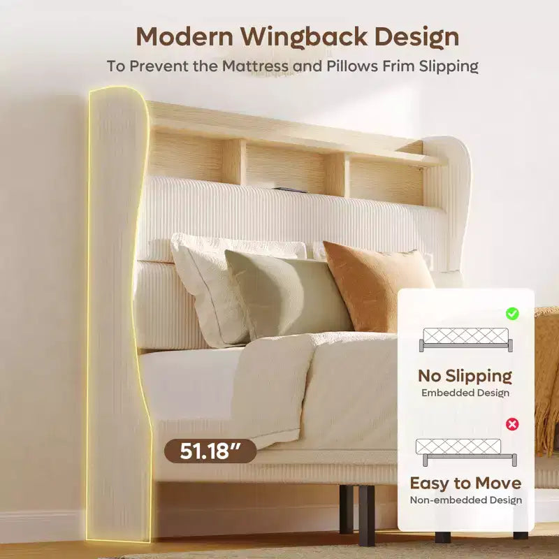 Bestier Queen/King Bed Frame with Tall Headboard Storage, Corduroy Upholstered Queen Size Platform Bed with LED & Charging Station, Off-White