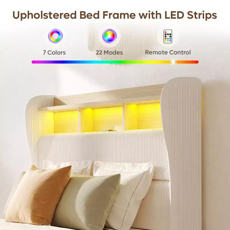 Bestier Queen/King Bed Frame with Tall Headboard Storage, Corduroy Upholstered Queen Size Platform Bed with LED & Charging Station, Off-White