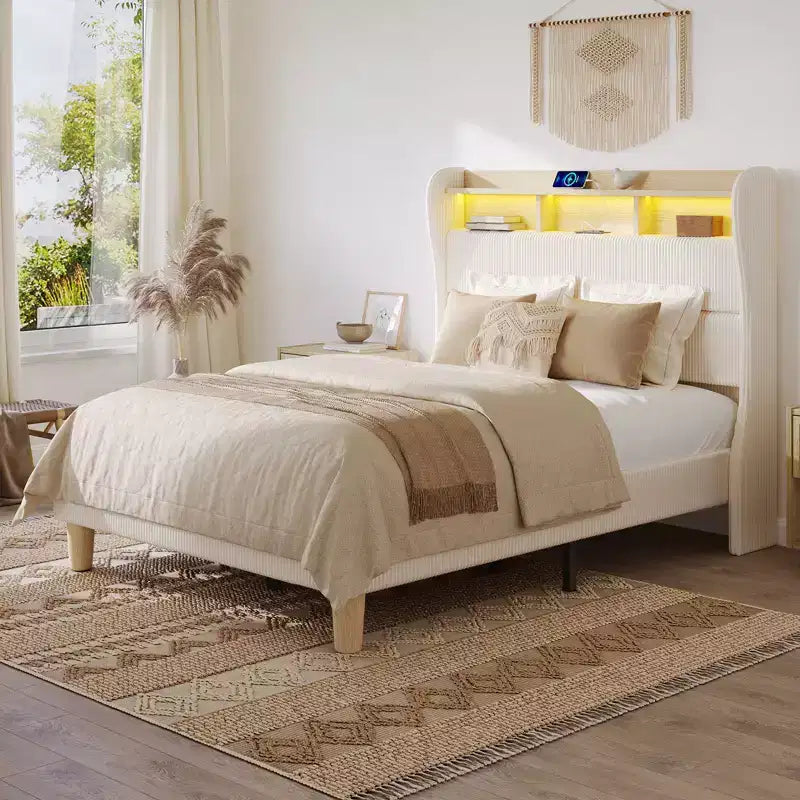 Bestier Queen/King Bed Frame with Tall Headboard Storage, Corduroy Upholstered Queen Size Platform Bed with LED & Charging Station, Off-White