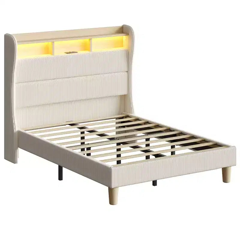 Bestier Queen/King Bed Frame with Tall Headboard Storage, Corduroy Upholstered Queen Size Platform Bed with LED & Charging Station, Off-White