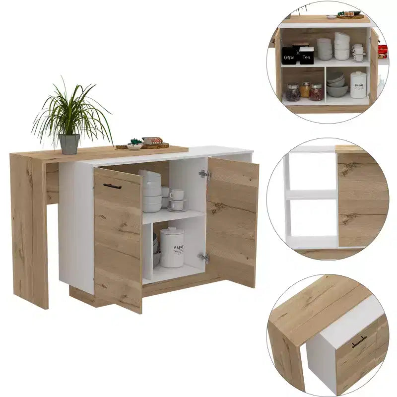 Okak Modern Kitchen Island with Unique Top Design, Kitchen Island Table with 2 Shelves, 1 Drawer and 3 Divisions, Countertop Organizer