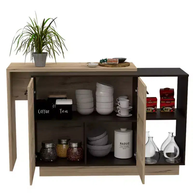 Okak Modern Kitchen Island with Unique Top Design, Kitchen Island Table with 2 Shelves, 1 Drawer and 3 Divisions, Countertop Organizer