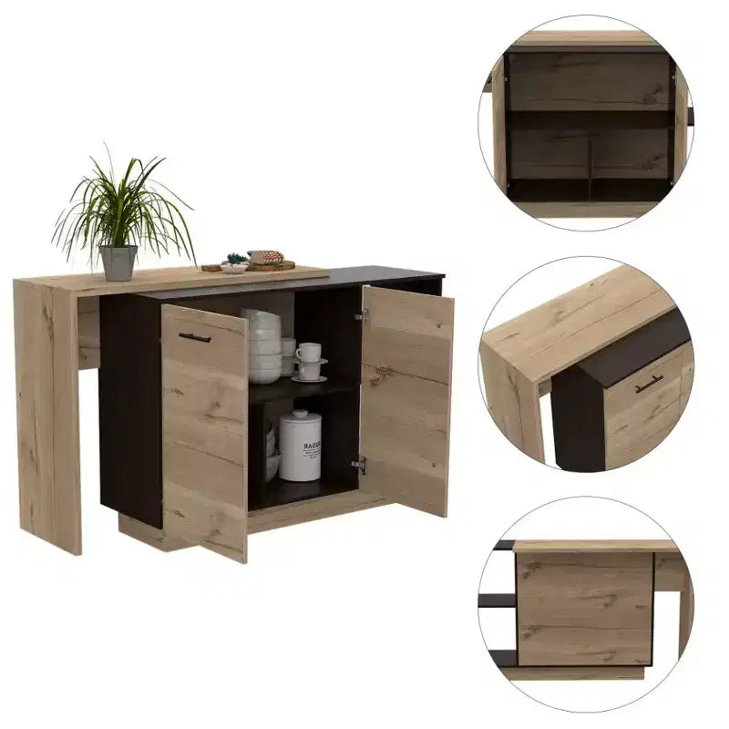 Okak Modern Kitchen Island with Unique Top Design, Kitchen Island Table with 2 Shelves, 1 Drawer and 3 Divisions, Countertop Organizer