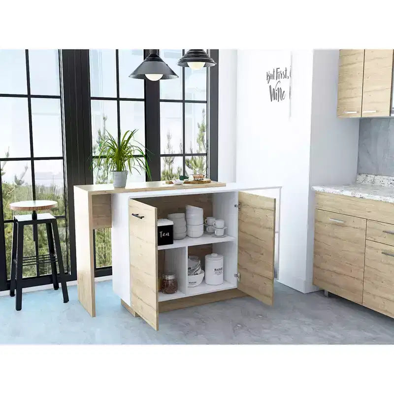 Okak Modern Kitchen Island with Unique Top Design, Kitchen Island Table with 2 Shelves, 1 Drawer and 3 Divisions, Countertop Organizer