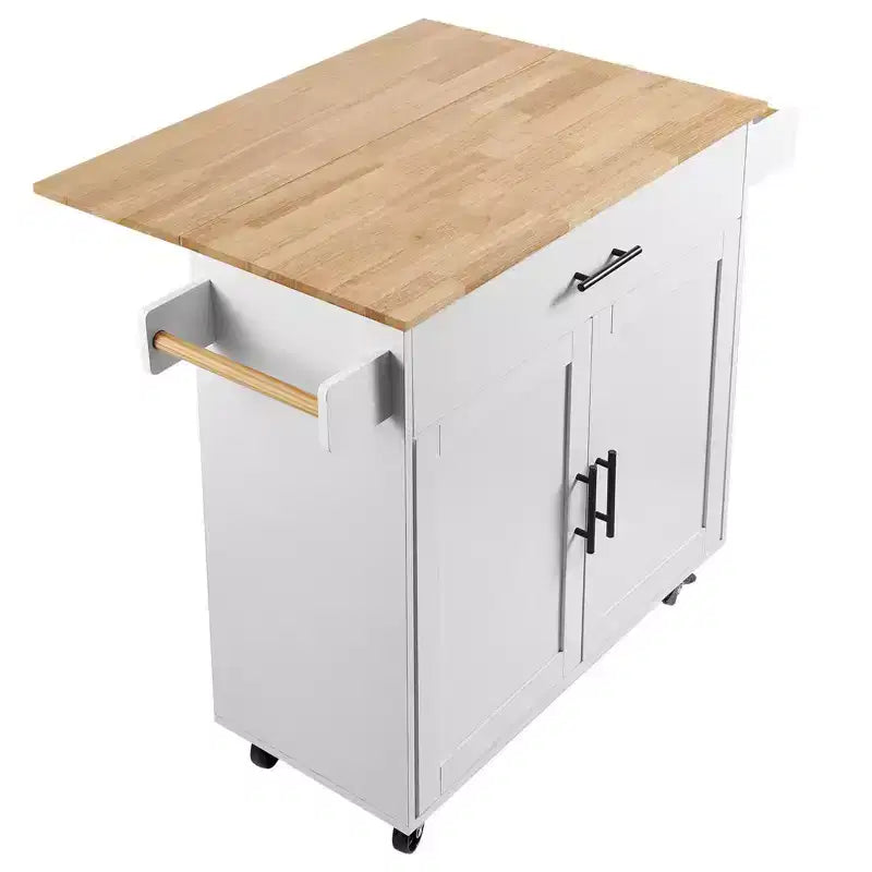 Okak Kitchen Island with Solid Wood Top, Kitchen Cart with Storage Cabinet, Drop Leaf and Drawer, Countertop Organizer for Kitchen, White