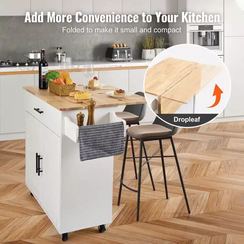 Okak Kitchen Island with Solid Wood Top, Kitchen Cart with Storage Cabinet, Drop Leaf and Drawer, Countertop Organizer for Kitchen, White