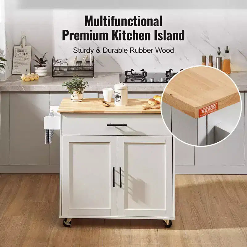 Okak Kitchen Island with Solid Wood Top, Kitchen Cart with Storage Cabinet, Drop Leaf and Drawer, Countertop Organizer for Kitchen, White