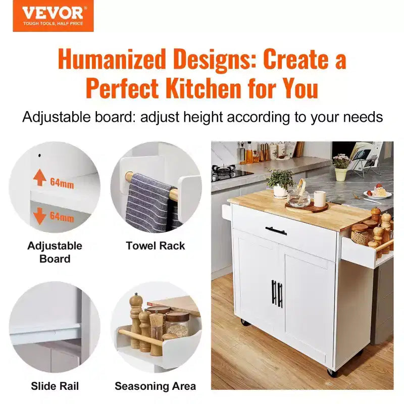 Okak Kitchen Island with Solid Wood Top, Kitchen Cart with Storage Cabinet, Drop Leaf and Drawer, Countertop Organizer for Kitchen, White