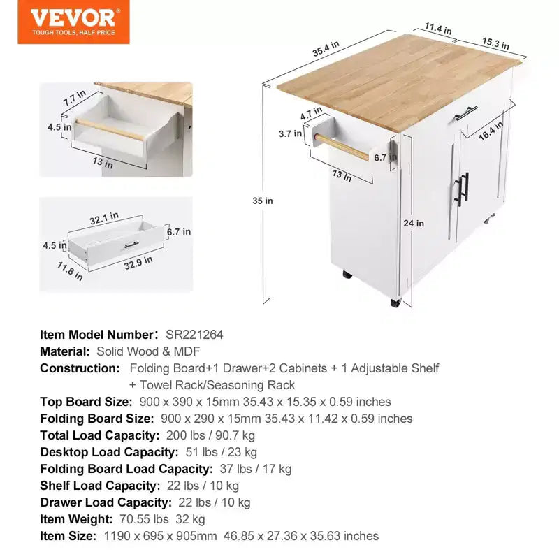 Okak Kitchen Island with Solid Wood Top, Kitchen Cart with Storage Cabinet, Drop Leaf and Drawer, Countertop Organizer for Kitchen, White