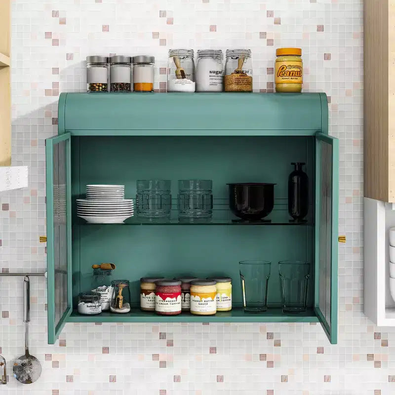 Wall-Mounted Storage Cabinet, Retro Metal Bathroom Cabinet with 2 Glass Doors & Shelves for Bathroom, Kitchen, Living Room & Office