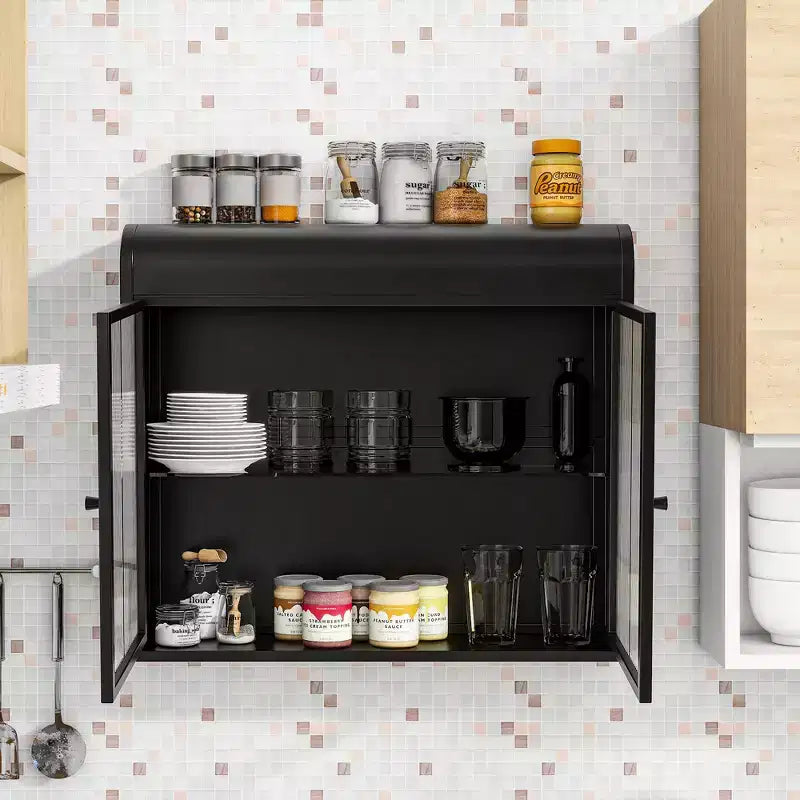 Wall-Mounted Storage Cabinet, Retro Metal Bathroom Cabinet with 2 Glass Doors & Shelves for Bathroom, Kitchen, Living Room & Office