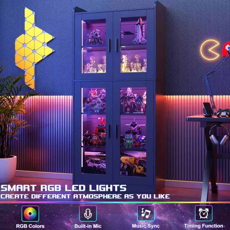 Besiost 5-Tier Display Cabinet with Storage Shelves and Glass Doors, Tall Bookcase with Led Lights
