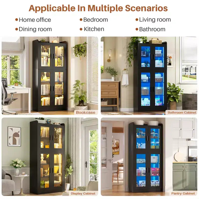 Besiost 5-Tier Display Cabinet with Storage Shelves and Glass Doors, Tall Bookcase with Led Lights