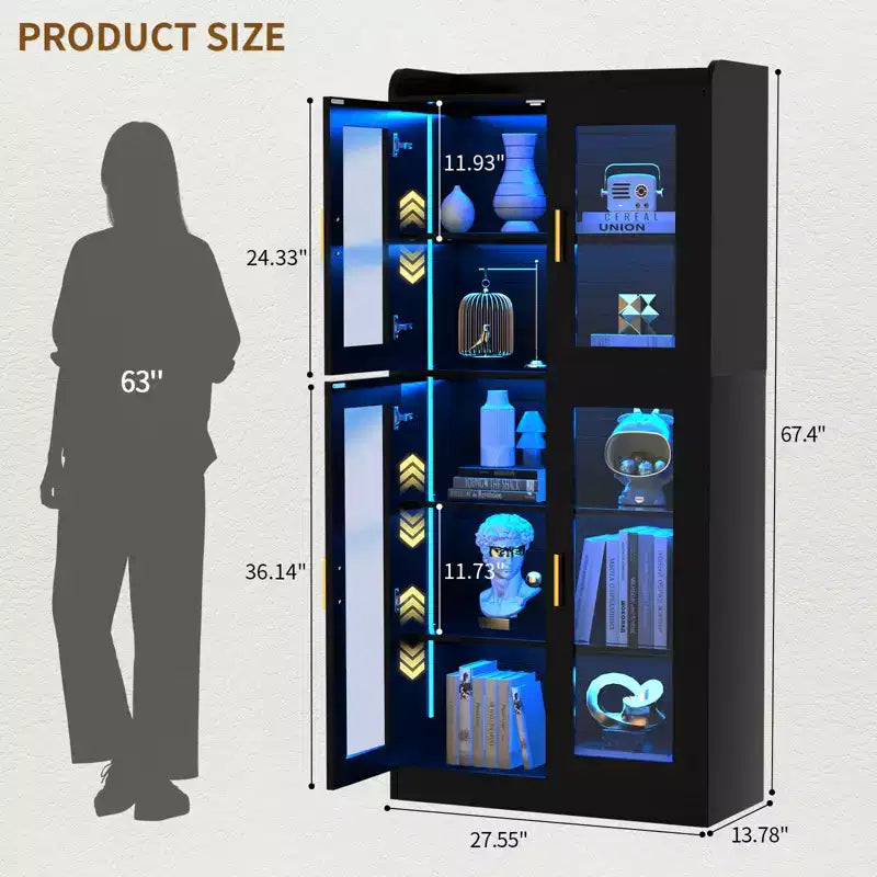 Besiost 5-Tier Display Cabinet with Storage Shelves and Glass Doors, Tall Bookcase with Led Lights