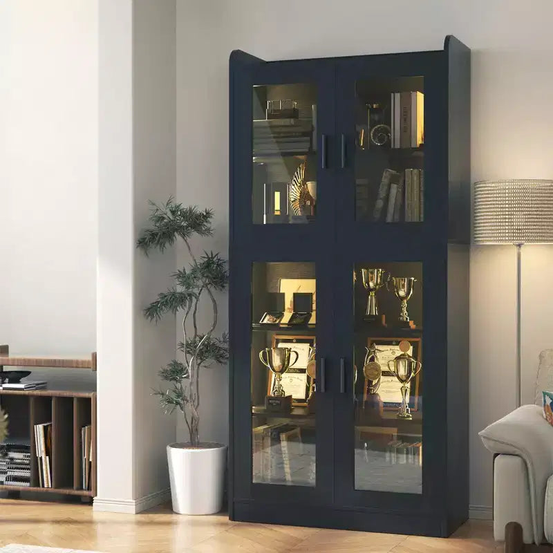 Besiost 5-Tier Display Cabinet with Storage Shelves and Glass Doors, Tall Bookcase with Led Lights
