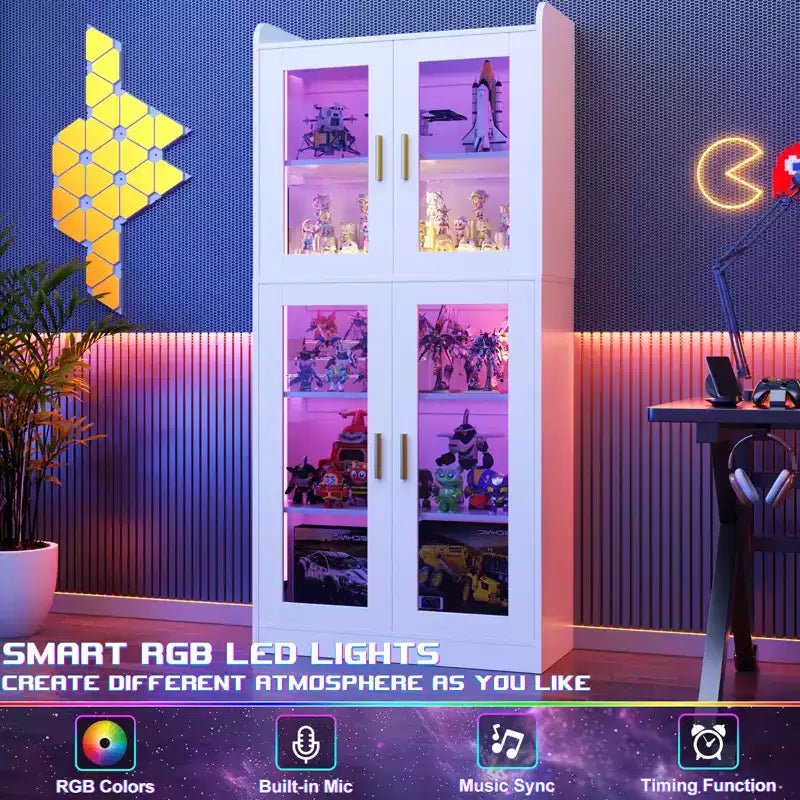 Besiost 5-Tier Display Cabinet with Storage Shelves and Glass Doors, Tall Bookcase with Led Lights