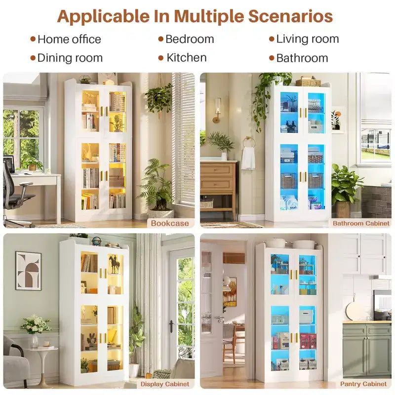 Besiost 5-Tier Display Cabinet with Storage Shelves and Glass Doors, Tall Bookcase with Led Lights