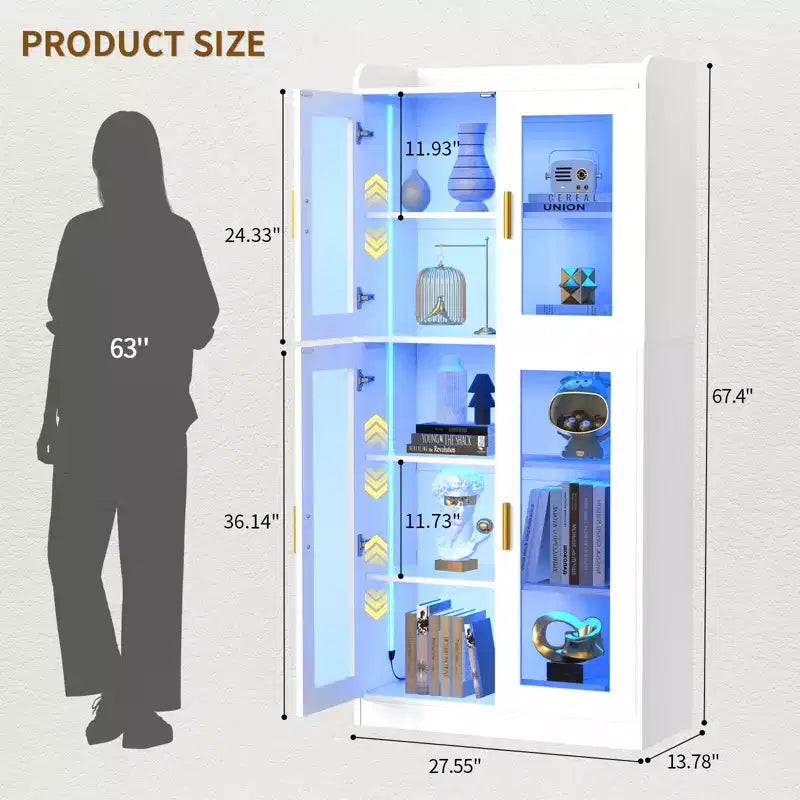 Besiost 5-Tier Display Cabinet with Storage Shelves and Glass Doors, Tall Bookcase with Led Lights