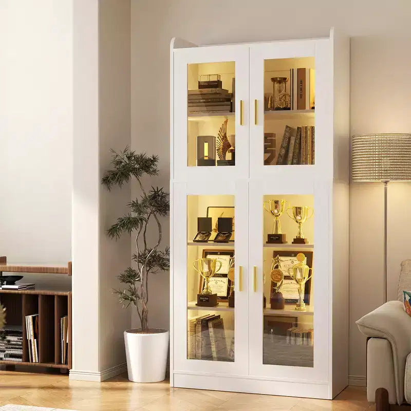 Besiost 5-Tier Display Cabinet with Storage Shelves and Glass Doors, Tall Bookcase with Led Lights