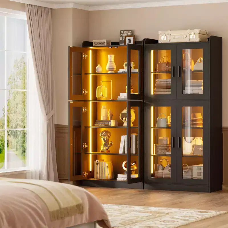 Besiost 5-Tier Display Cabinet with Storage Shelves and Glass Doors, Tall Bookcase with Led Lights