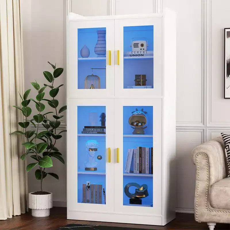 Besiost 5-Tier Display Cabinet with Storage Shelves and Glass Doors, Tall Bookcase with Led Lights
