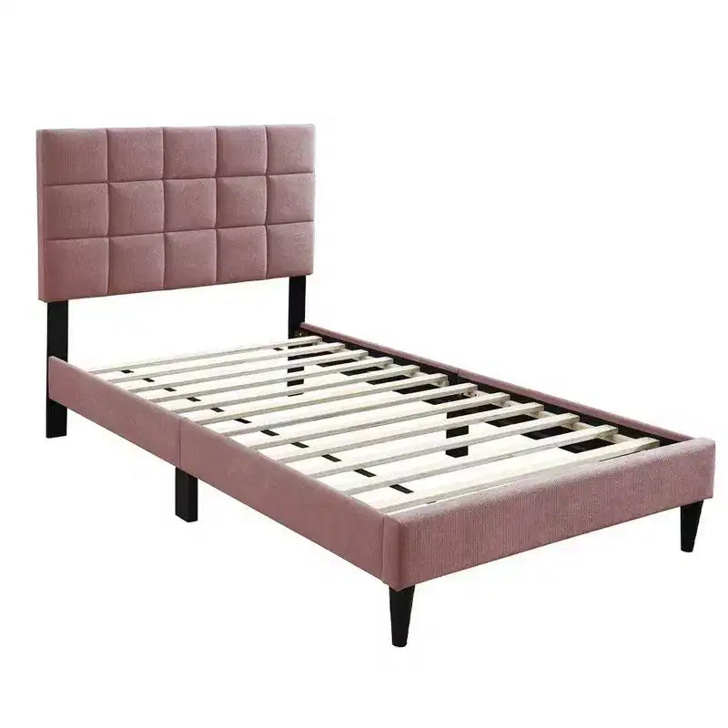 Royal Hampton Full Bed, Tufted Pink Linen Upholstery, Biscuit Tufted Stitch
