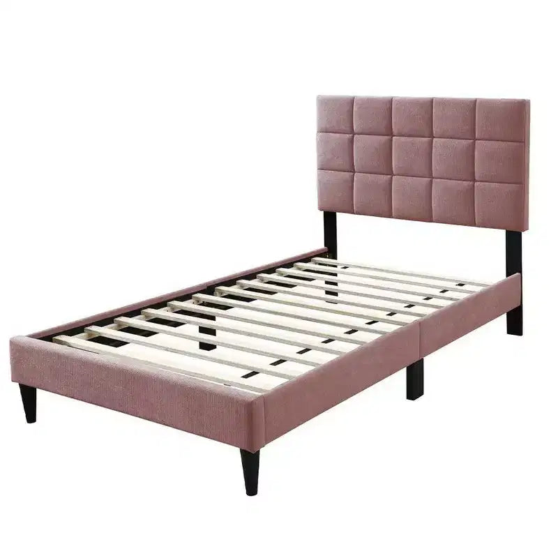 Royal Hampton Full Bed, Tufted Pink Linen Upholstery, Biscuit Tufted Stitch