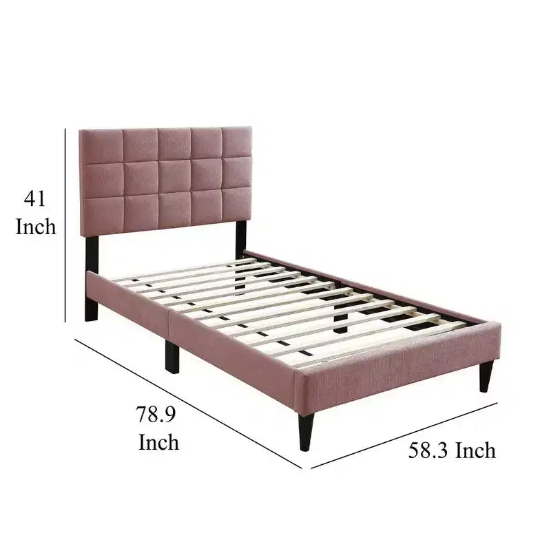 Royal Hampton Full Bed, Tufted Pink Linen Upholstery, Biscuit Tufted Stitch